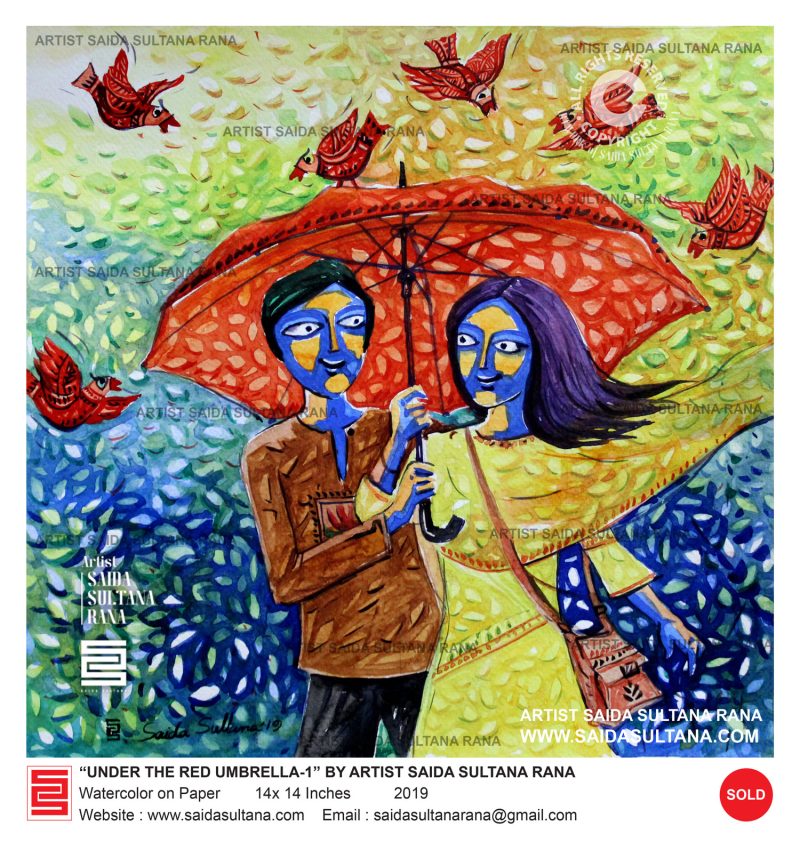 "under the red umbrella - 1"  |  14 x 14 Inches | Watercolor on Paper