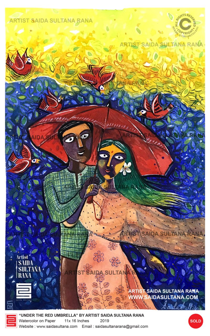 "under the red umbrella "  |  14 x 14 Inches | Watercolor on Paper